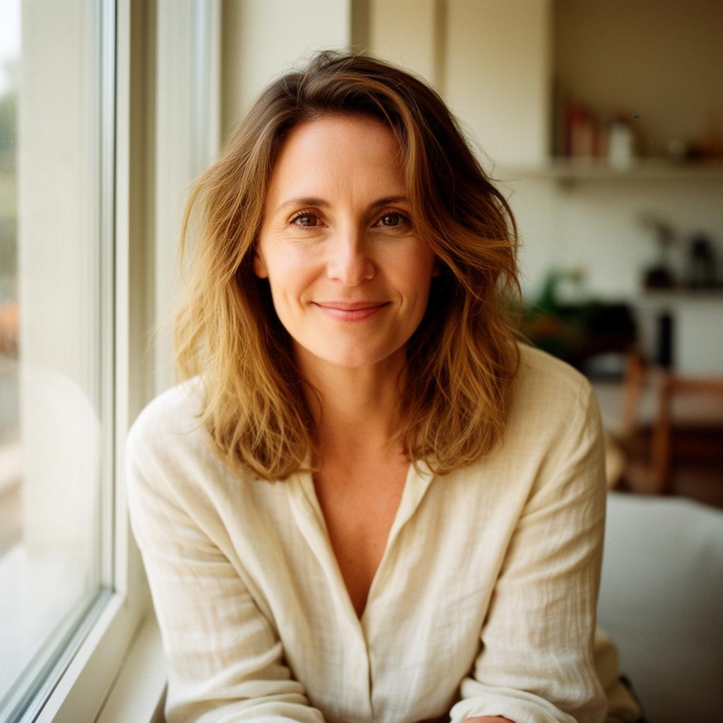 Woman seated by a window in warm natural light with a calm, hopeful expression